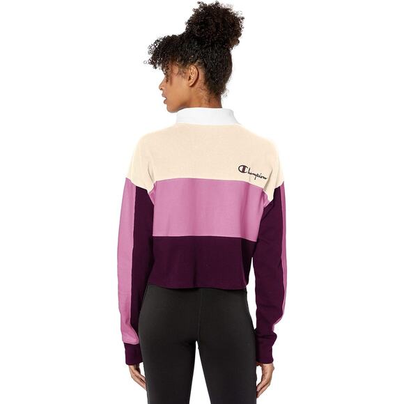 NEW Champion Rugby Cropped Collared Tee Women’s Small Beige Orchid Logo - Picture 7 of 11